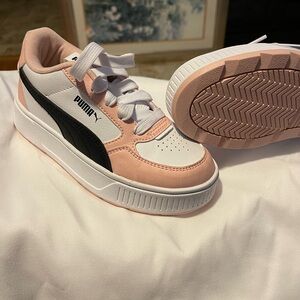 Puma Pink and White Retro Sneakers with Modern Comfort girls size 1